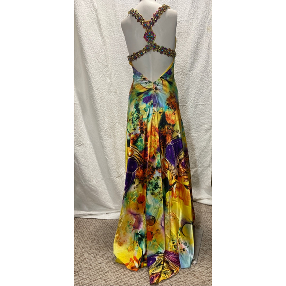 Vibrant multicolor Beaded floral gown V-neck empire waist, size XS - Picture 8 of 12